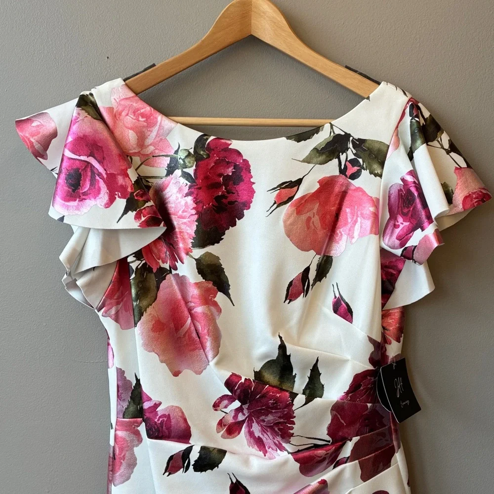 JH Evenings Pink Shimmer Floral Ruffle Sleeve Dress, sz 16 - Picture 3 of 11